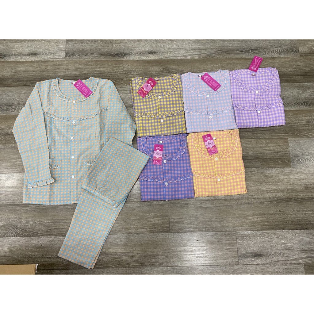 Bộ dài bầu sau sinh thô kẻ cúc giữa free size 45-55kg