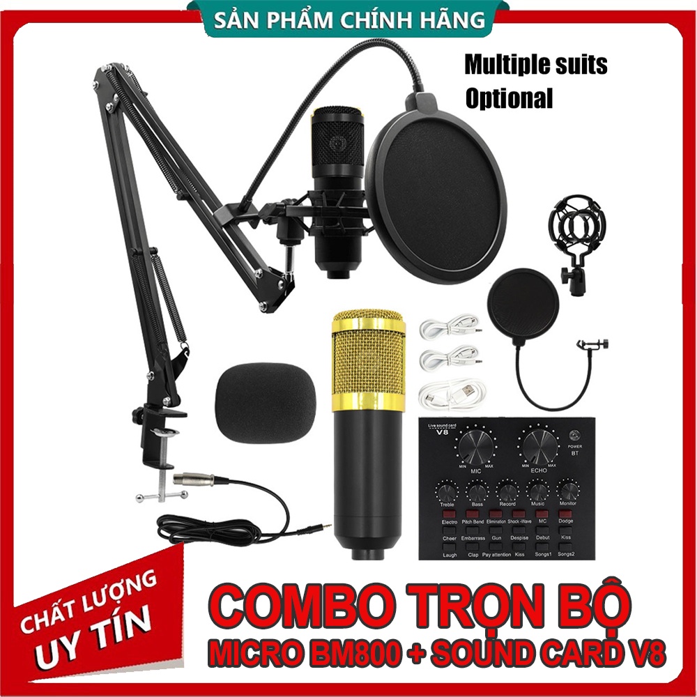 [Mã ELHACE giảm 4% đơn 300K] combo míc hát livestream thu âm karaoke online micro BM800 +sound card v8