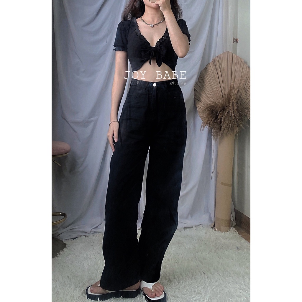 Áo croptop kiểu sexy JOY BABE form ôm🦋thun gân xịn co giãn 4 chiều,thắt 🎀 hở ngực kieu tay ngắn CRON 198 SALE