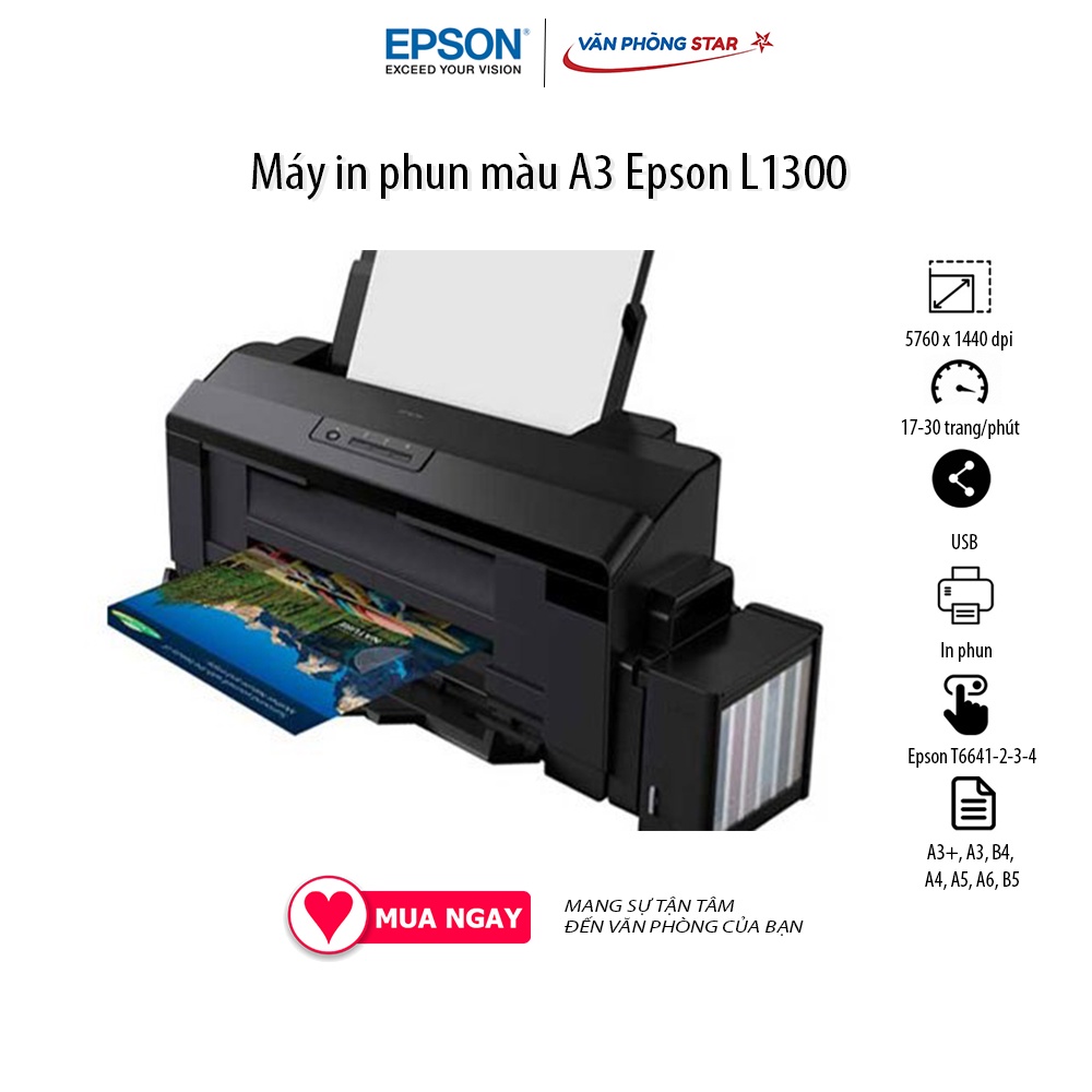 Máy in phun màu Epson L1300 khổ A3 tốc độ 30 trang trắng đen /phút, 17 trang màu /phút 5760 x 1440 dpi tại vanphongstar