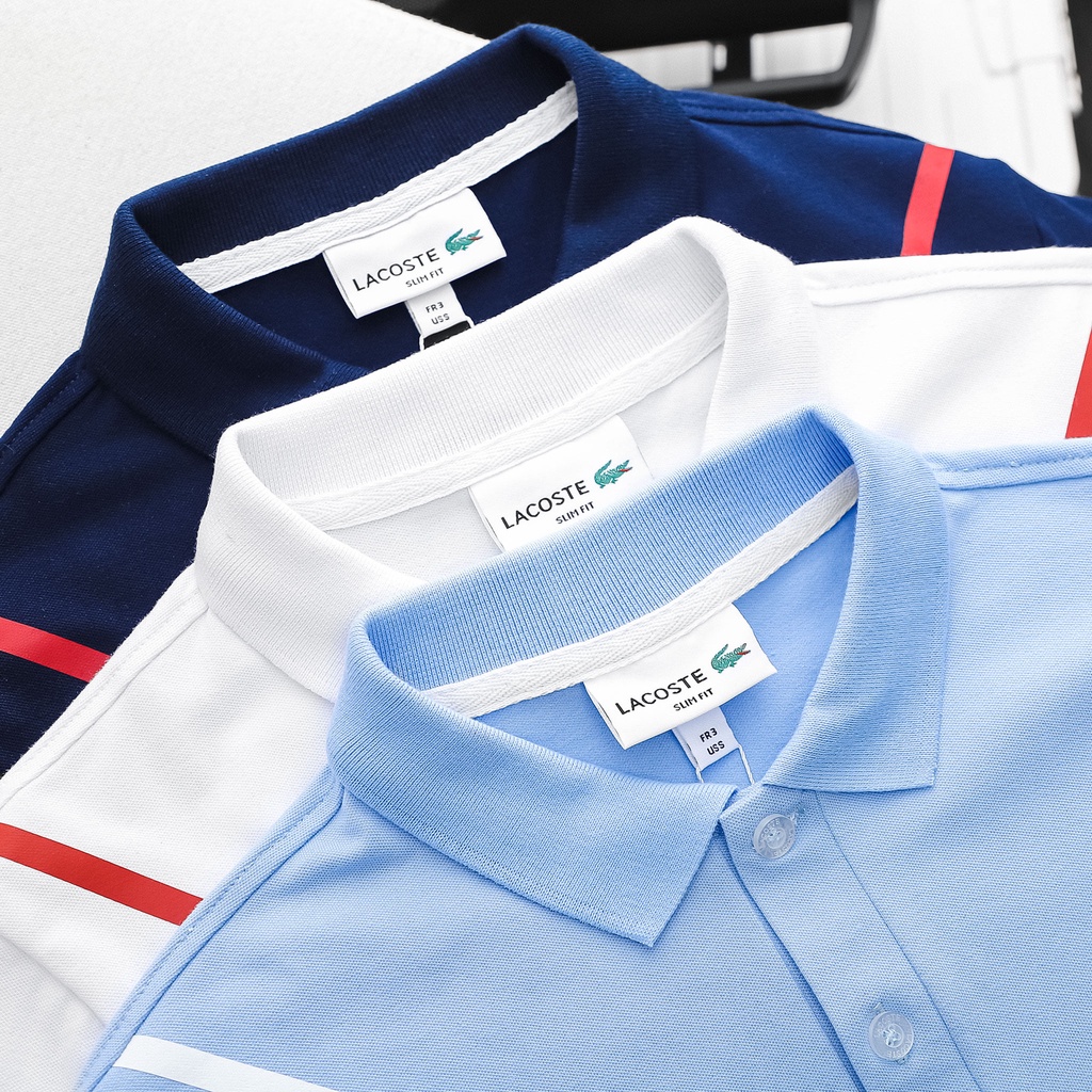 Áo Thun Nam Polo Lacoste Sọc Chéo 3 màu Logo Cá Sấu Thêu cực xịn - vải nhẹ mát