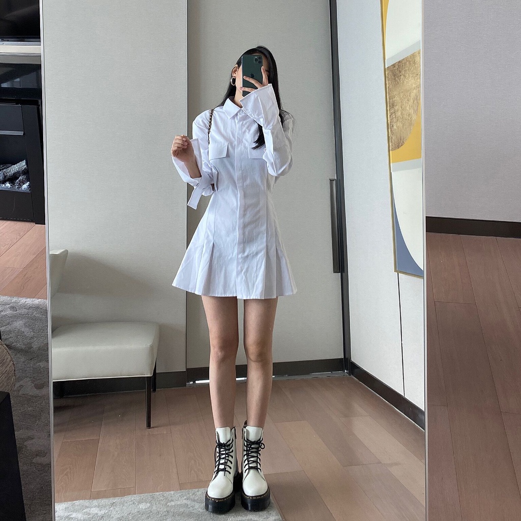 Váy trắng sơ mi thiết kế xếp li cổ nhọn thời trang Becky