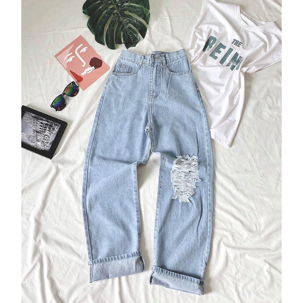 Quần jeans suông Thái rách 1 gối 002_CHIBEST_JT002