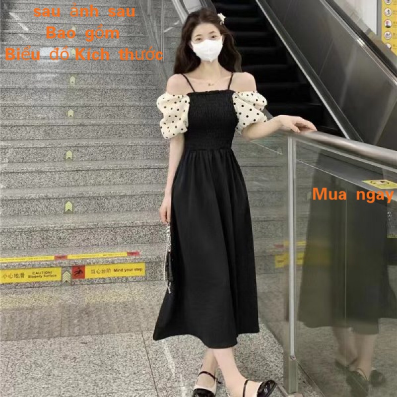 Đầm Dáng Chữ A Lưng Cao Trễ Vai Tay Phồng Họa Tiết Chấm Bi Trắng Đen Thời Trang Cho Nữ