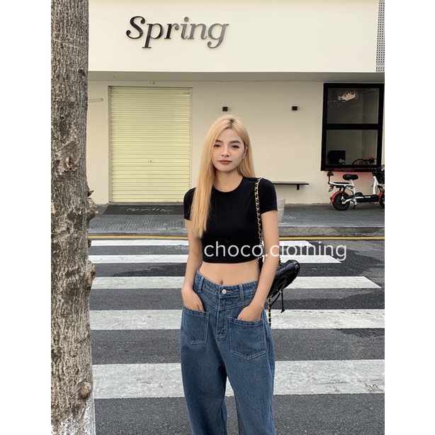 Áo crop basic có tay nữ - tay ngắn chất thun borip siêu co giãn, ôm body.