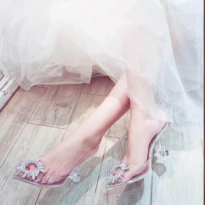 Jiashucheng Giày Sandal Cao Gót Mũi Nhọn Quai Trong Suốt Đính Đá Size Lớn Thời Trang Nữ Quyến Rũ