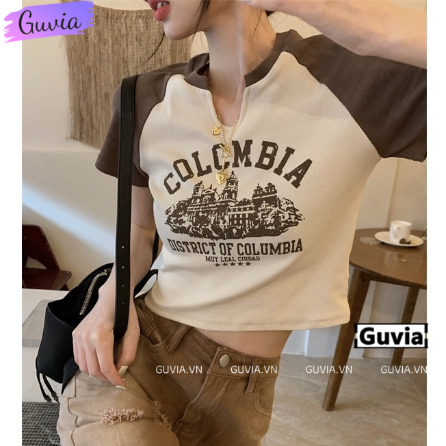 Áo Croptop Ôm Body Nữ COLOMBIA Tay Ngắn Cổ Xẻ V, Áo Thun Croptop Kiểu Sexy In Họa Tiết GUVIA CR59