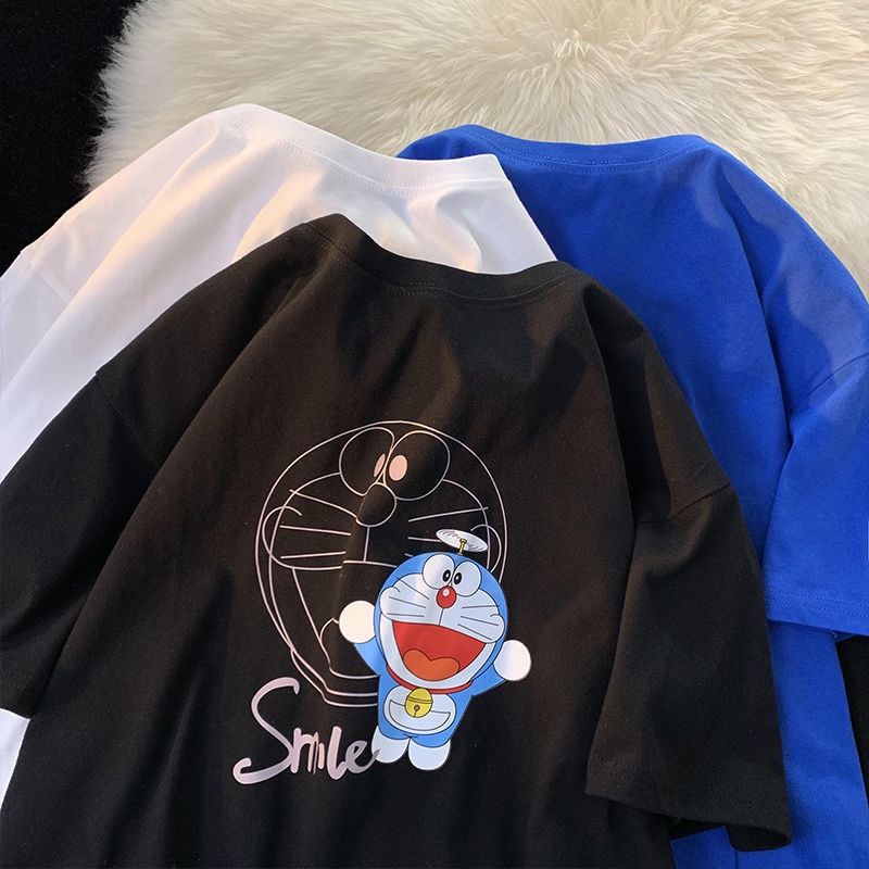 Áo Thun 100% cotton Tay Ngắn Dáng Rộng In Hình Doraemon Thời Trang Mùa Hè Cho Nam Và Nữ