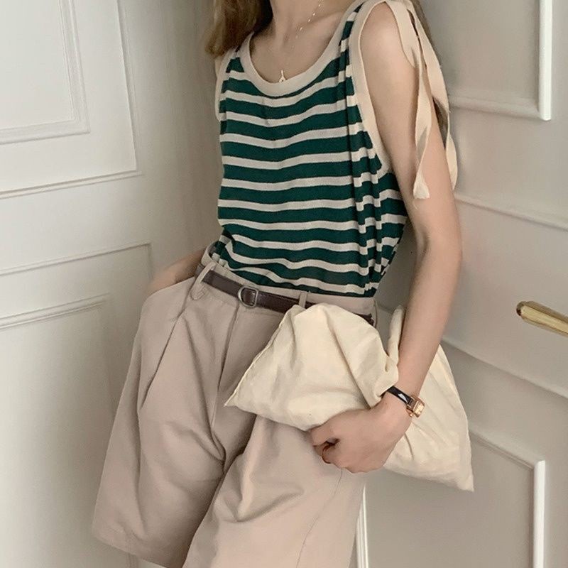 Áo sát nách dệt kim buộc dây kẻ sọc thời trang Hàn Quốc cho nữ