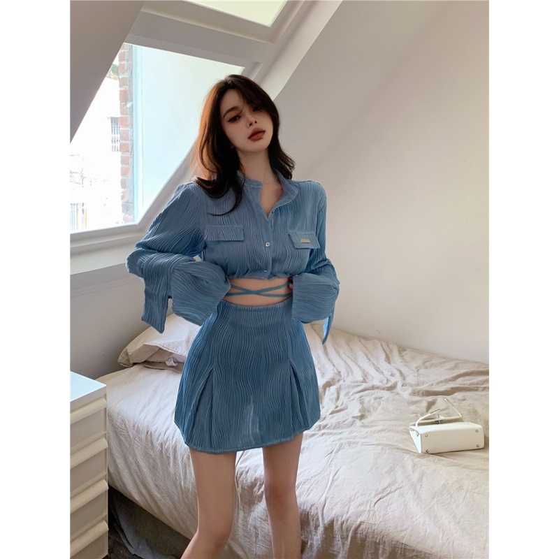 Set đồ nữ phong cách tiểu thư Hàn Quốc ngọt ngào áo croptop phối chân váy hàng Quảng Châu đầu xu hướng 2022