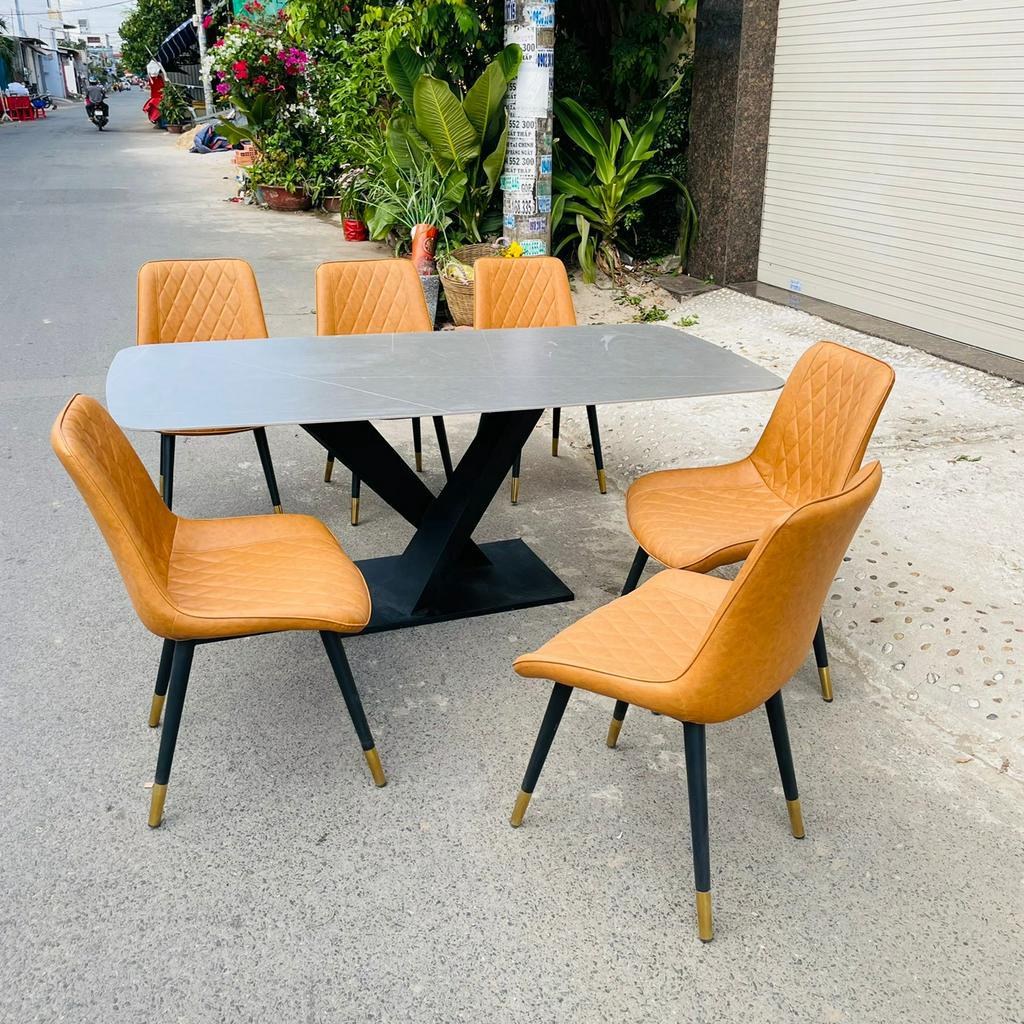 Bàn ăn chân X, mặt đá ceramic cao cấp , chân sắt bảng dày đẹp