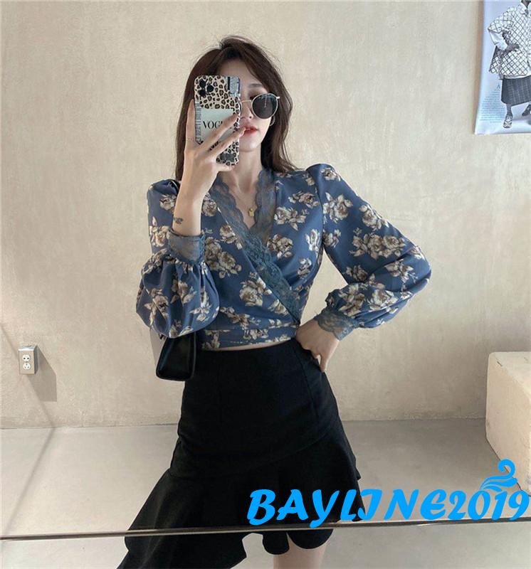 Áo Kiểu Nữ Dài Tay Cổ Chữ V In Hoa Xinh Xắn Hợp Thời Trang