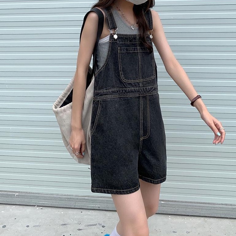 Quần yếm SUXI denim ống rộng lưng cao màu sắc trơn thời trang cho nữ