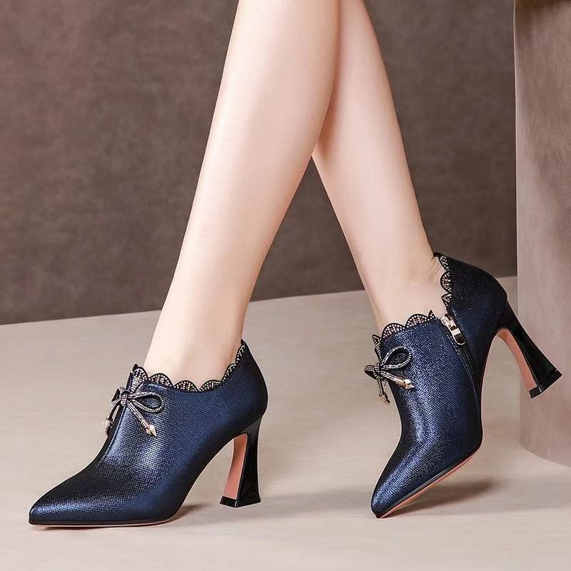 ∋2021 autumn and winter new leather deep-mouthed high-heeled shoes, women s fashion bowknot rhinestone all-match thick-heeled shoes