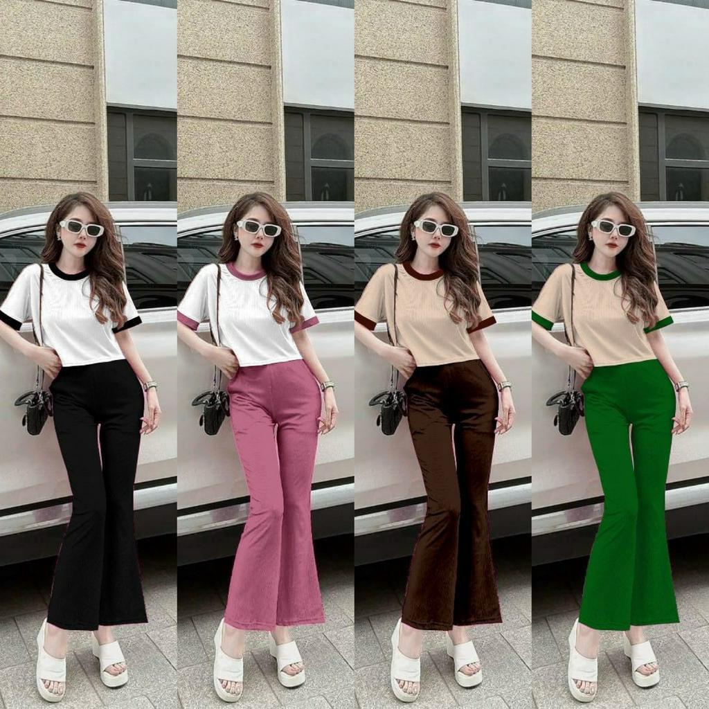 Set đồ bộ nữ đồ ngủ tay ngắn quần dài ống loe mặc ở nhà đi chơi dạo phố
