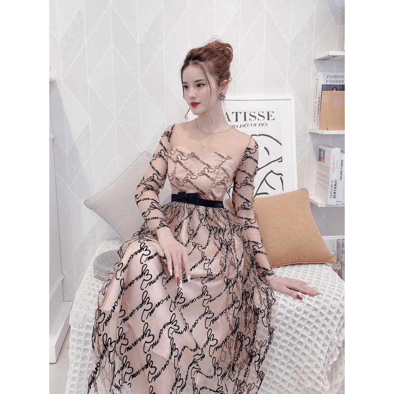 (FREE SHIP) ĐẦM LƯỚI TAY DÀI DÁNG XÒE DỰ TIỆC SANG CHẢNH HHP