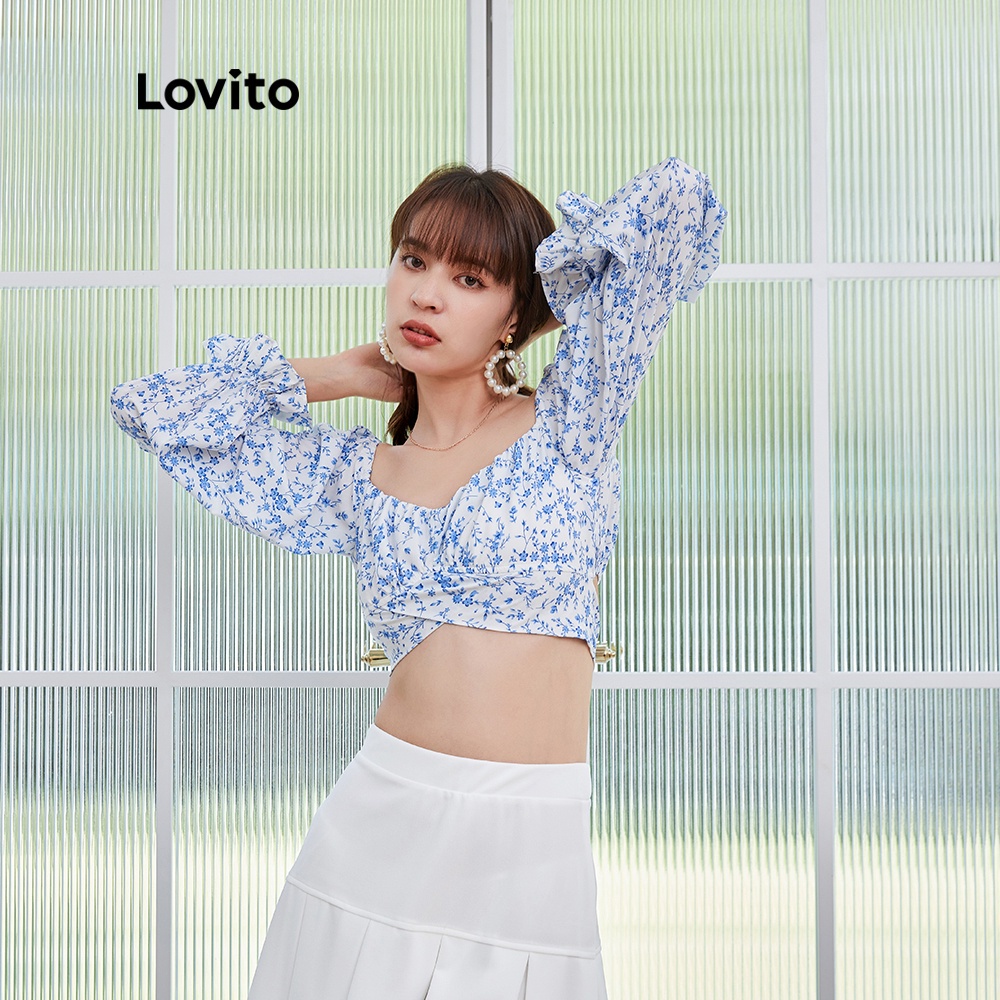 Áo kiểu Lovito L04146 dài tay màu trắng họa tiết hoa nhí dáng ôm vừa vặn có dây thắt sau lưng | WebRaoVat - webraovat.net.vn
