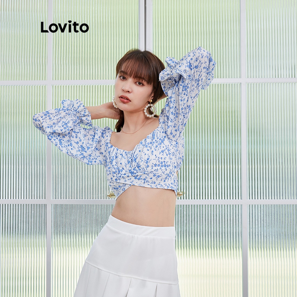 Áo kiểu Lovito L04146 dài tay màu trắng họa tiết hoa nhí dáng ôm vừa vặn có dây thắt sau lưng | BigBuy360 - bigbuy360.vn