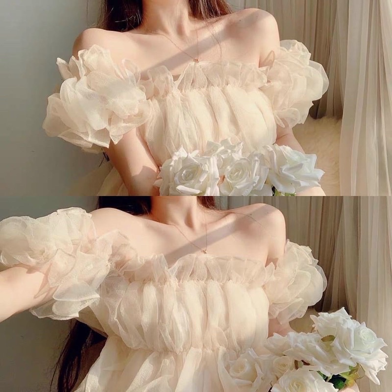 Áo kiểu nữ tay phồng phong cách Hàn dễ thương, áo trễ vai h.àn quốc chất voan tơ 2 lớp bồng bềnh dày dặn