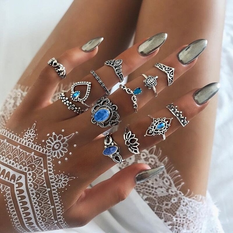 Set 13 Nhẫn Đeo Tay Kim Loại Đính Đá Thời Trang Cho Nữ