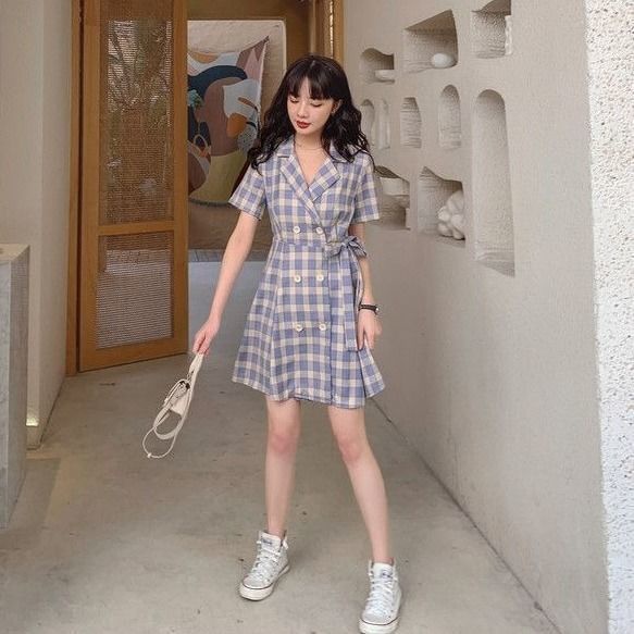 Đầm Công Sở Dáng Ôm Sọc Ca Rô Màu Tím Cỡ Nhỏ Phong Cách Hàn Quốc Thời Trang Mùa Hè Xinh Xắn Cho Nữ