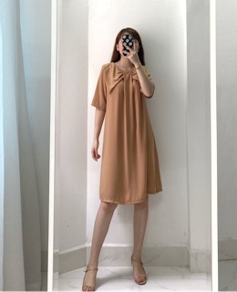 [Ảnh thật] Váy nơ cổ dáng suông (đen, be)