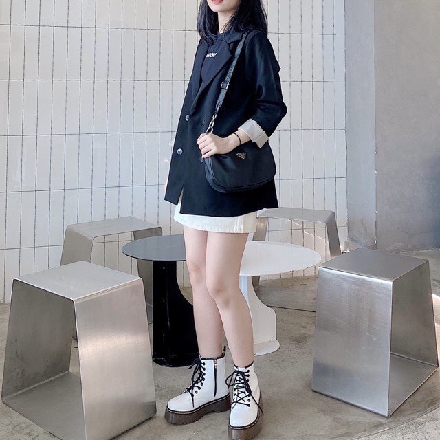 Áo blazer đen trơn 2 lớp túi nắp dáng rộng