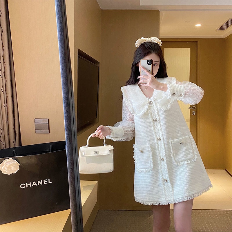 Đầm dáng chữ A rộng màu trắng tay dài cổ búp bê phong cách Pháp thời trang mùa xuân 2022 mới xinh xắn thời trang