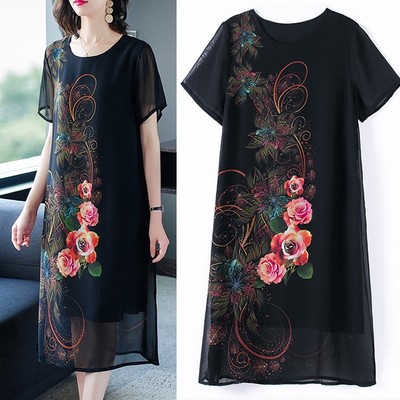GOTI - Đầm Trung Niên Dáng Suông Dài, Tay Ngắn Voan 2 Lớp Che Bụng Cho Mẹ U50 U60 3274 3280 3318