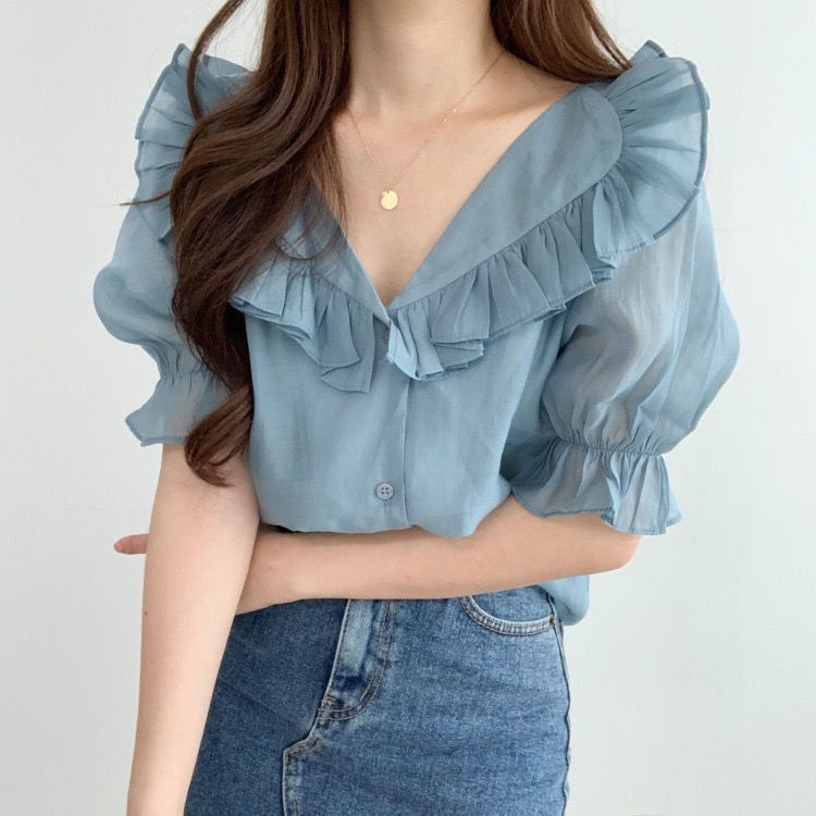 Áo Chiffon Tay Ngắn Phồng Ngọt Ngào Thời Trang Mùa Hè Dành Cho Nữ