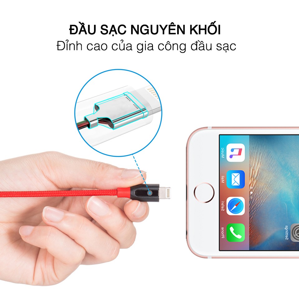 Cáp sạc 1.5m iPhone Bọc dù sạc nhanh màu đỏ cá tính thương hiệu Bagi - Thương hiệu Việt Nam - Bảo hành 12 tháng