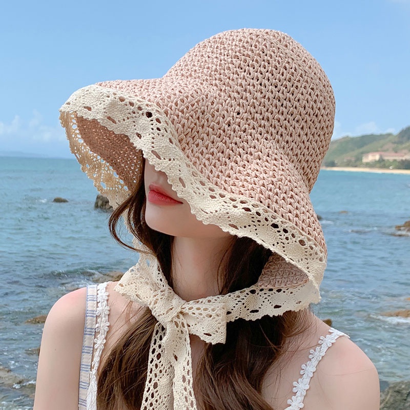 Nón Tai Bèo Đan Cói Vành Rộng Phối Ren Thời Trang Mùa Hè Xinh Xắn Edge