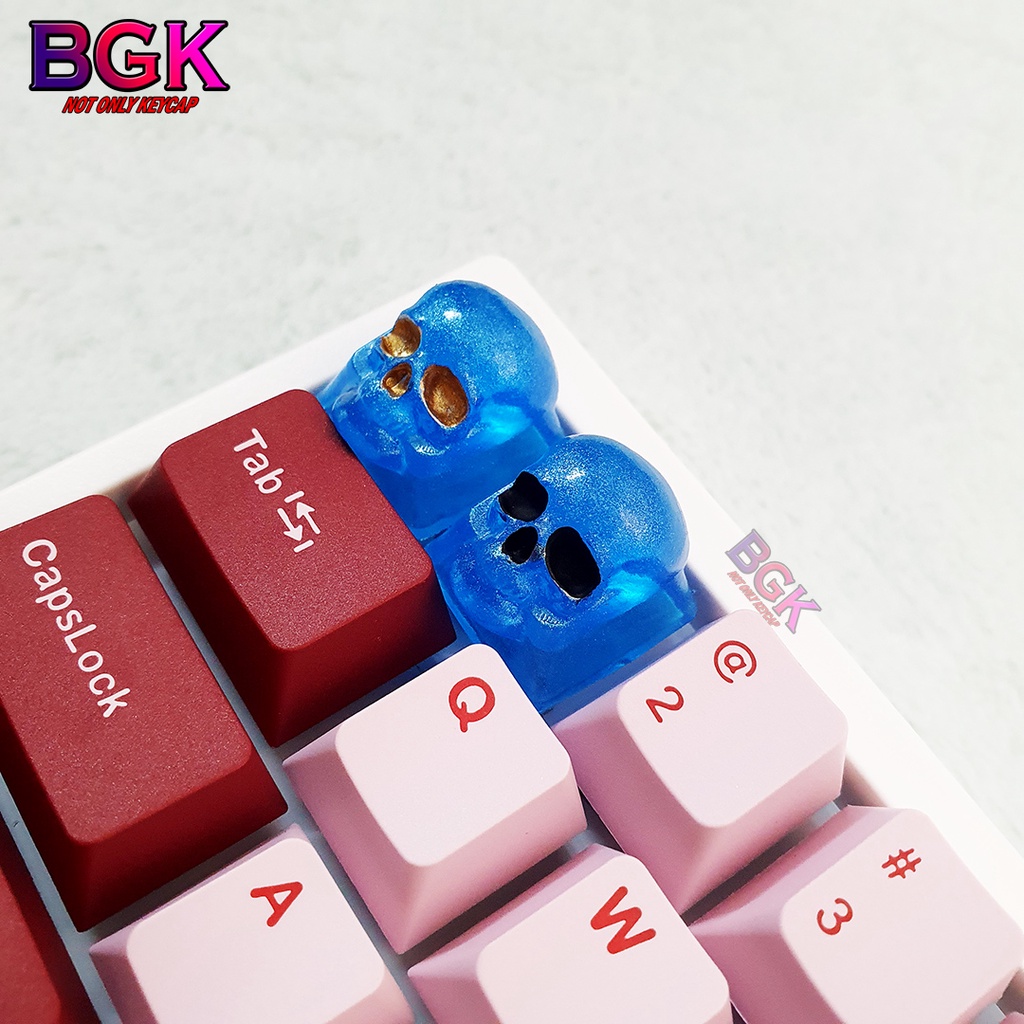 Keycap Lẻ Artisan Đầu Lâu Xanh Dương Trong Suốt Xuyên LED keycap resin Crystal Skull Keycap