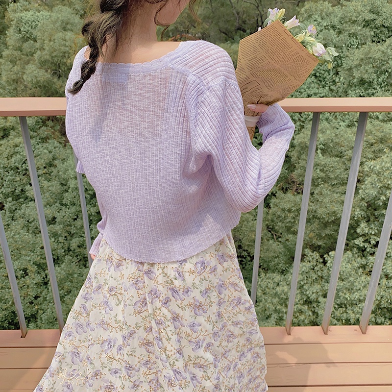 Xiaozhainv Áo Croptop Dệt Kim Tay Dài Màu Trơn Thời Trang Mùa Hè