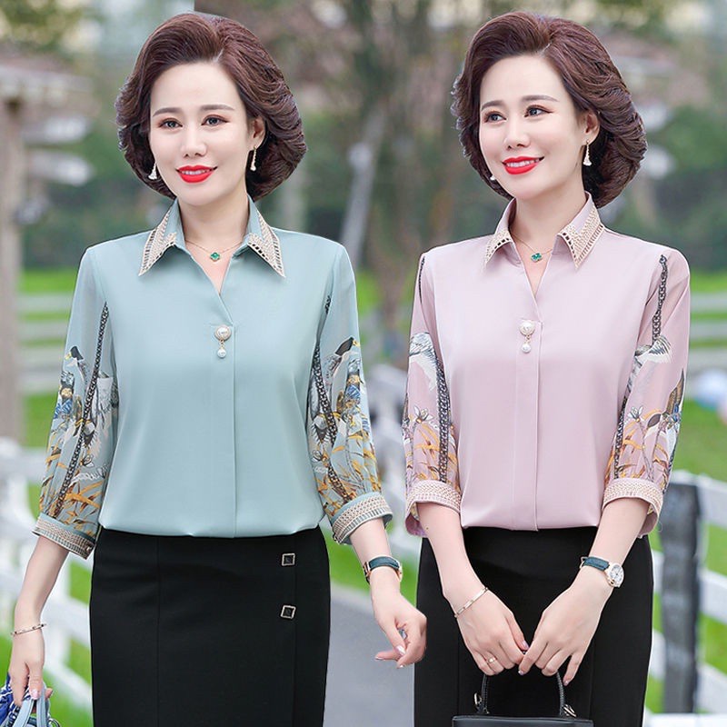 sơ mi lụa trung niên cao cấp_áo trung niên tay phối họa tiết_áo sơ mi sang trọng thanh lịch mẫu mới cho bà cho mẹ - Hàng