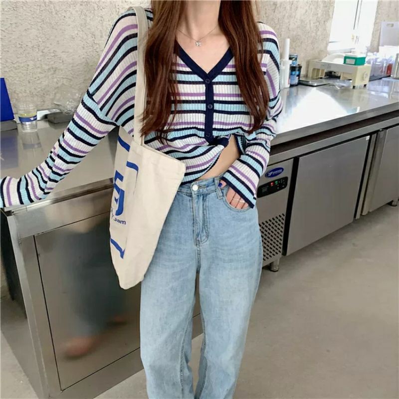 [Mã FAGREEN1505 giảm 10% tối đa 30K đơn 99K] áo khoác len nữ dệt kim hàng đầu sọc ngang phong cách hàn quốc | BigBuy360 - bigbuy360.vn