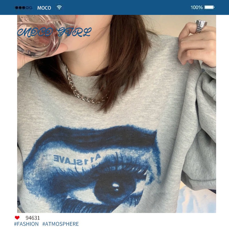 Áo sweatshirt tay dài cổ tròn in họa tiết phong cách Hàn Quốc dành cho nữ