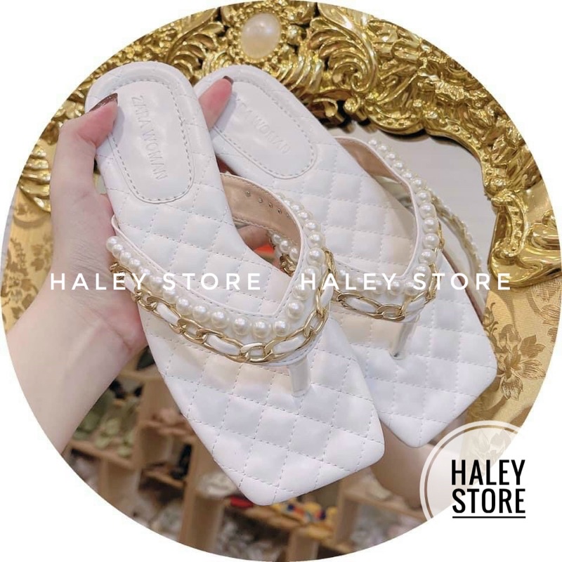 Dép nữ bệt HALEY STORE kẹp xỏ ngón mũi vuông may chỉ chần ô đính ngọc đính xích thời trang phong cách xịn đẹp bền rẻ