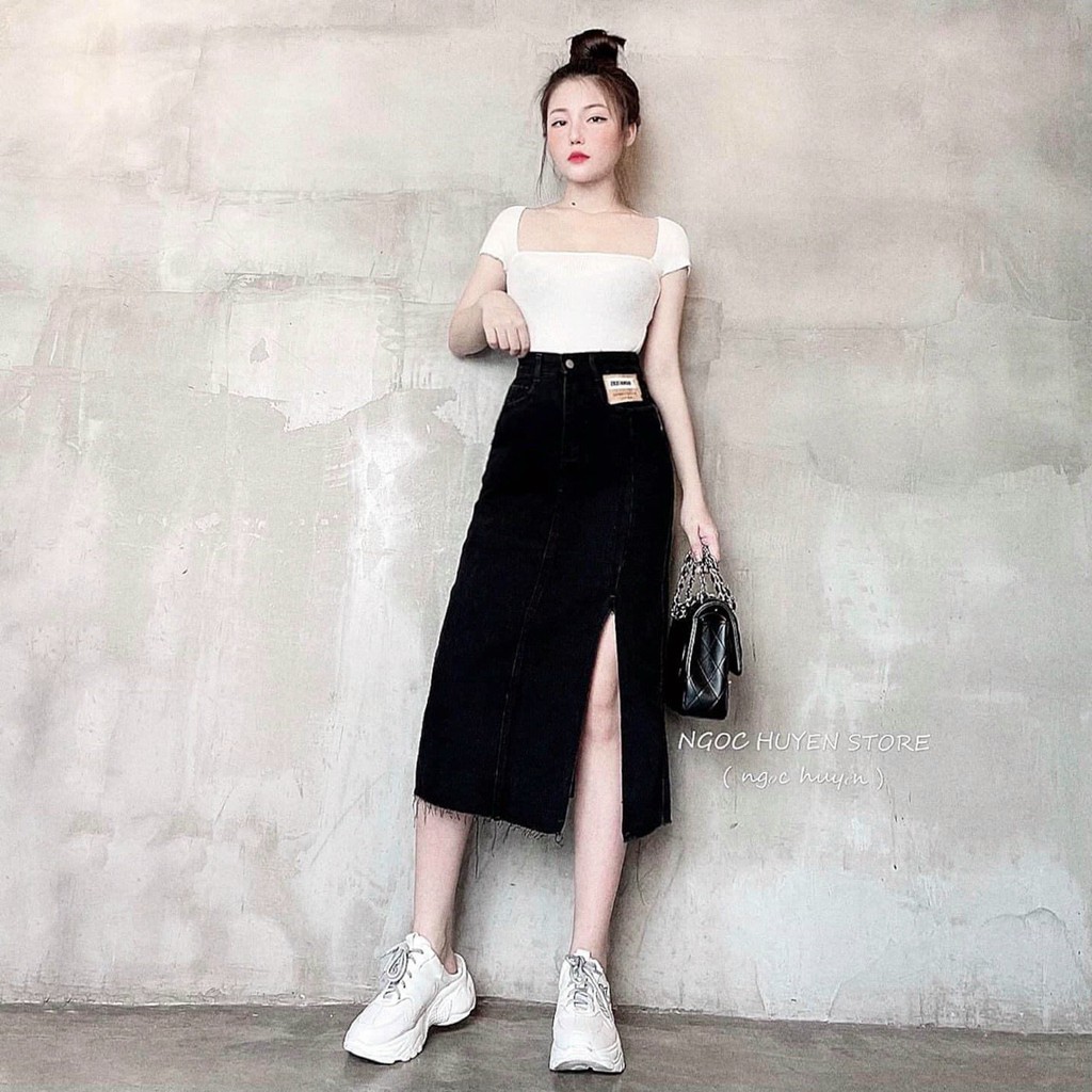 Chân váy jean nữ dáng dài xẻ tà tem da cao cấp.Hàng VNXK