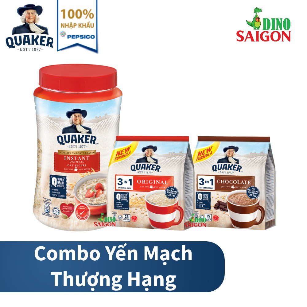 Combo 3 Thức Uống Yến Mạch Quaker gồm 1 Hũ Ăn Liền 600g + 1 Gói 3in1 Vị Truyền Thống + 1 Gói 3in1 Vị Chocolate