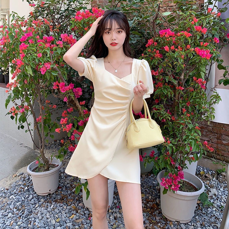 IELGY     Đầm Đen Ngắn Tay Thiết Kế Không Đồng Đều Thời Trang Theo Phong Cách Pháp Cho Nữ