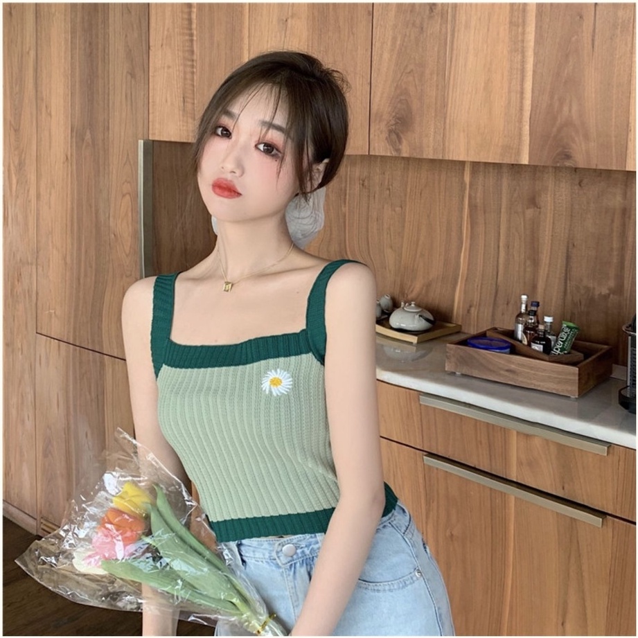 Áo hai dây ZHELIHANGFEI dệt kim tay dài thêu họa tiết phong cách Hàn Quốc thời trang mùa hè dành cho nữ