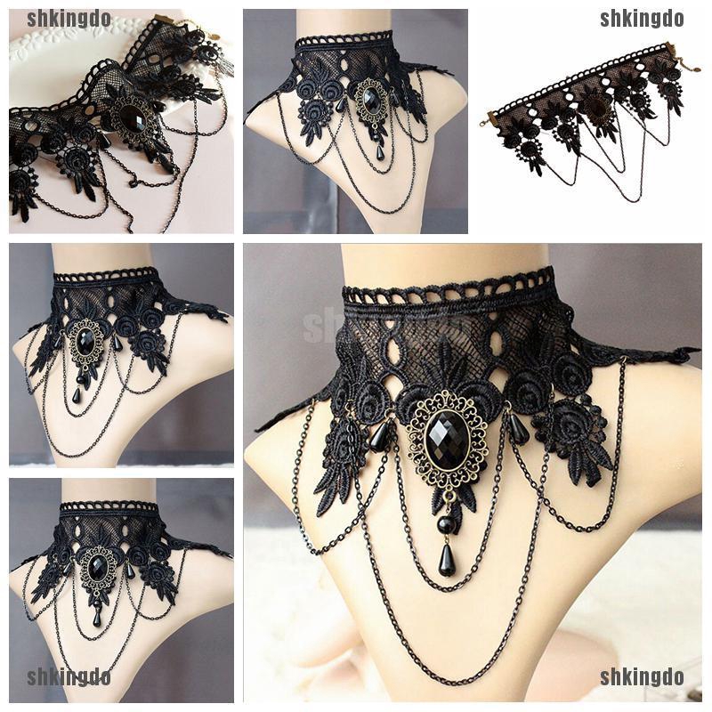 Vòng Choker Ren Hoa Tua Rua Đính Đá Phong Cách Gothic Punk