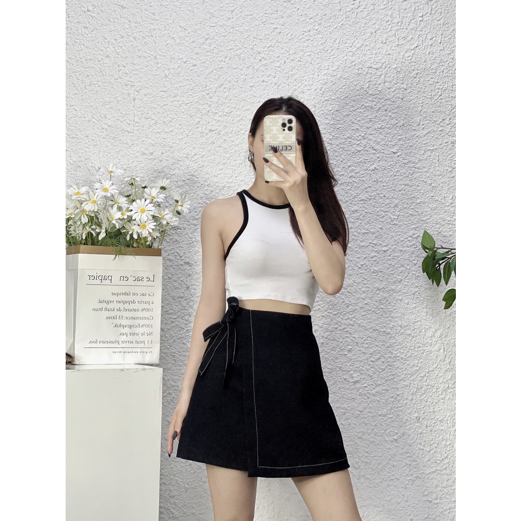 Chân váy chữ A trơn chỉ nổi đính nơ Kanimi, chân váy công sở lưng cao cá tính siêu đẹp | BigBuy360 - bigbuy360.vn