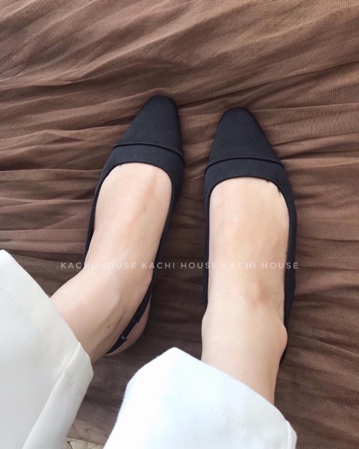 Sandal da mịn đen nude mũi đen chun sau - 2P