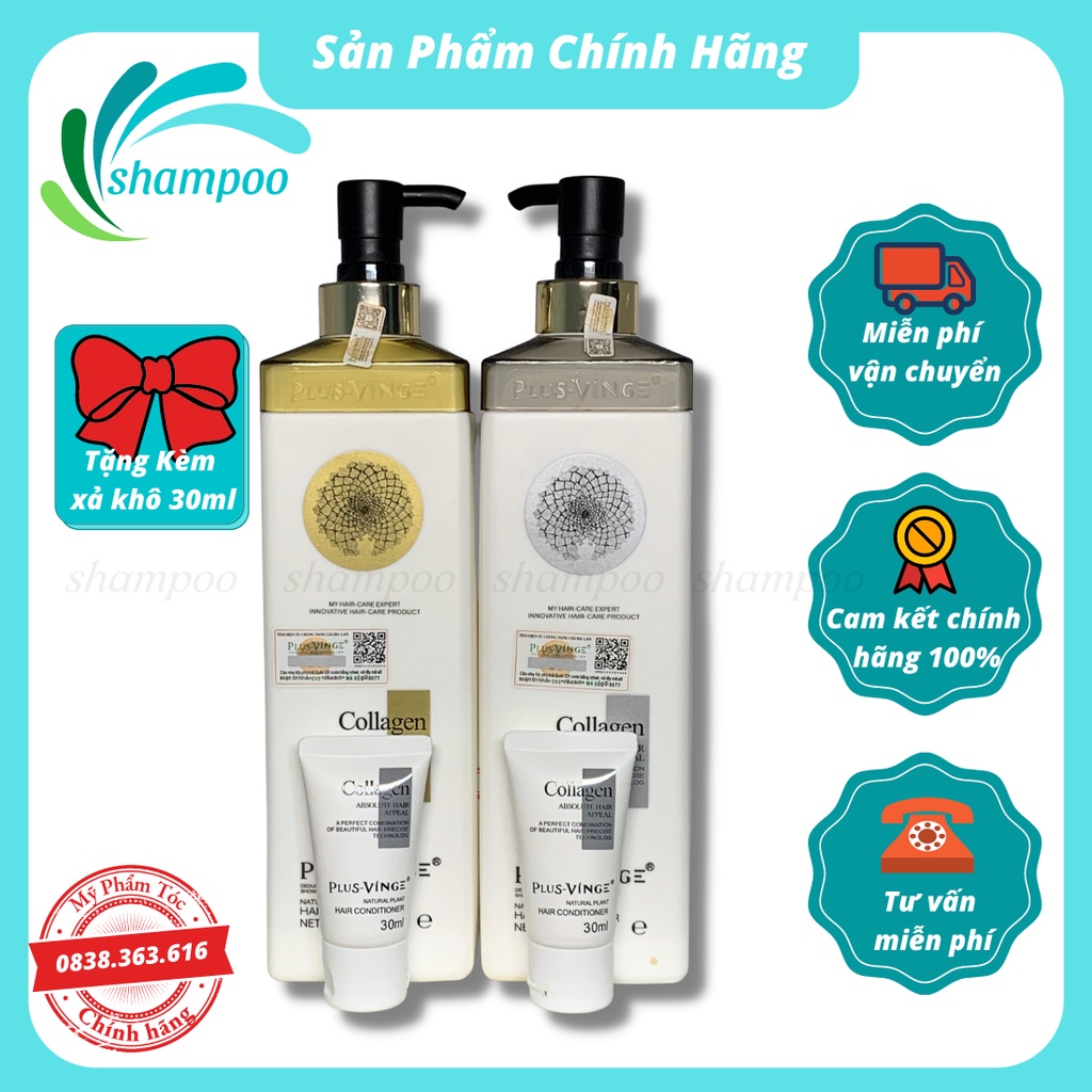 Cặp dầu gội xả Collagen Plus Vinge 1000ML giảm rụng tóc kích mọc tóc phục hồi tóc hư tổn hàng chính hãng