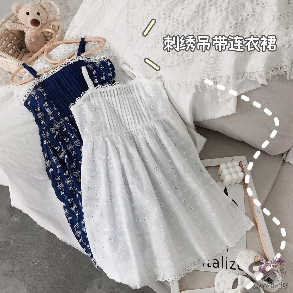 Đầm Công Chúa Hai Dây Thêu Họa Tiết Thời Trang Mùa Hè Hàn Quốc Cho Bé Gái
