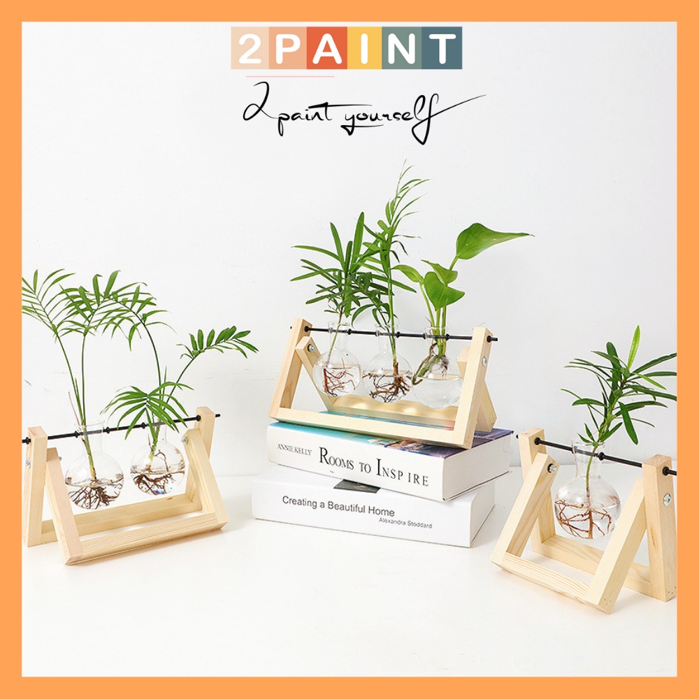 Lọ thủy tinh trồng cây thủy canh đế gỗ, decor trang trí để bàn 2Paint
