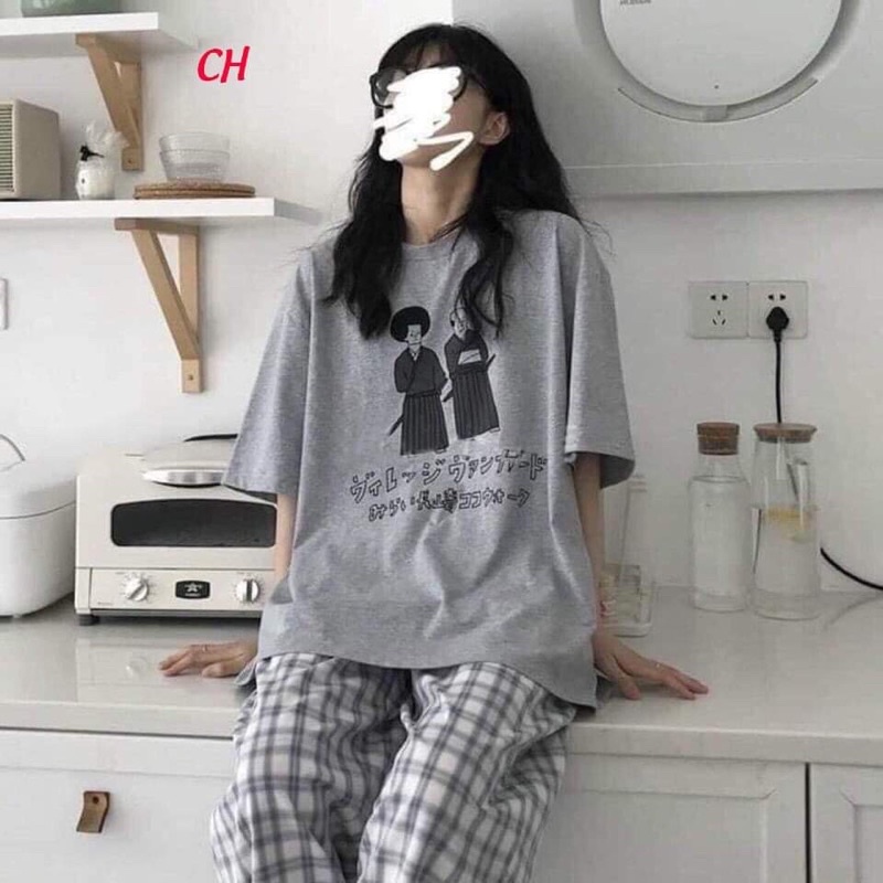 Bộ áo xám samu +quần karo kẻ trắng