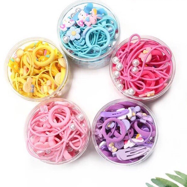 Hộp 50 Chun Buộc Tóc Thỏ, Gâu, Lơ Nhiều Màu Cho Bé